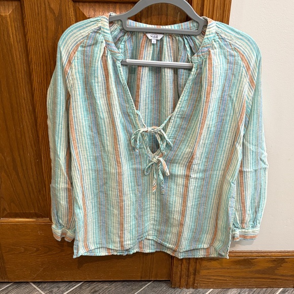 Rails Tops - Rails Women’s Brielle Linen Blend Tie Front Top, Seaview Stripe, Small, EUC